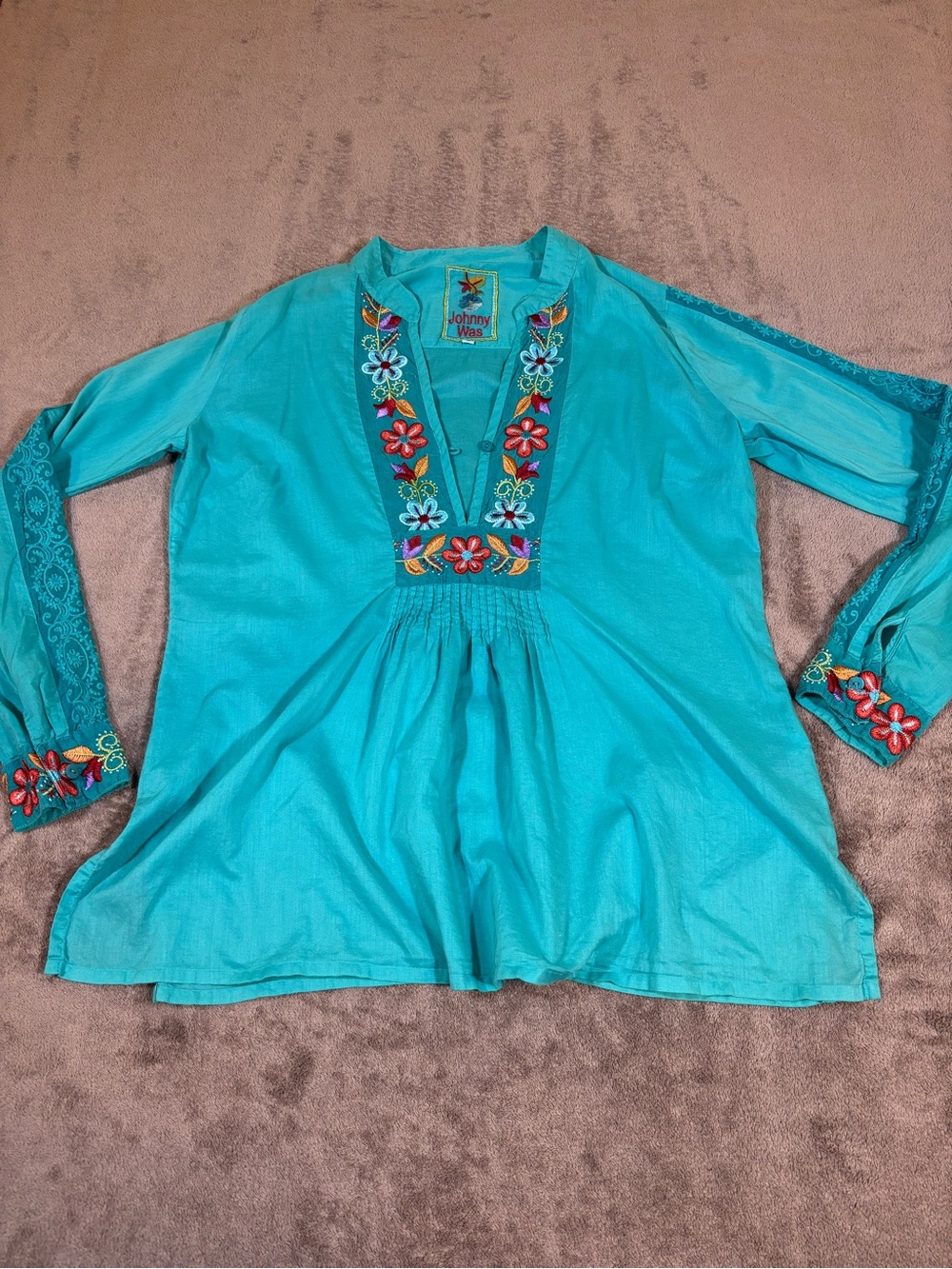 Johnny Was Turquoise Embroidered V-Neck Tunic Top Womens Small Lace Beaded